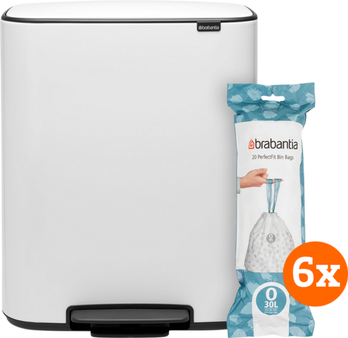 Brabantia Bo Pedal Bin 2 x 30 Liter White + Vuilniszakken (120 stuks)