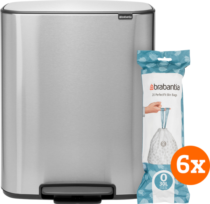 Brabantia Bo Pedal Bin 2 x 30 Liter Rvs Fingerprint Proof + Vuilniszakken (120 stuks)