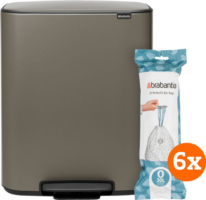 Brabantia Bo Pedal Bin 2 x 30 Liter Platinum + Vuilniszakken (120 stuks)
