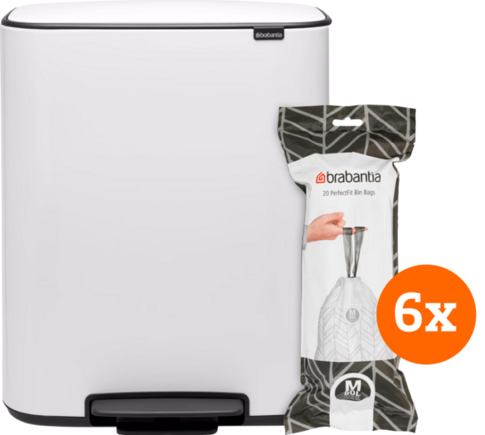 Brabantia Bo Pedal Bin 60 Liter White + Vuilniszakken (120 stuks)