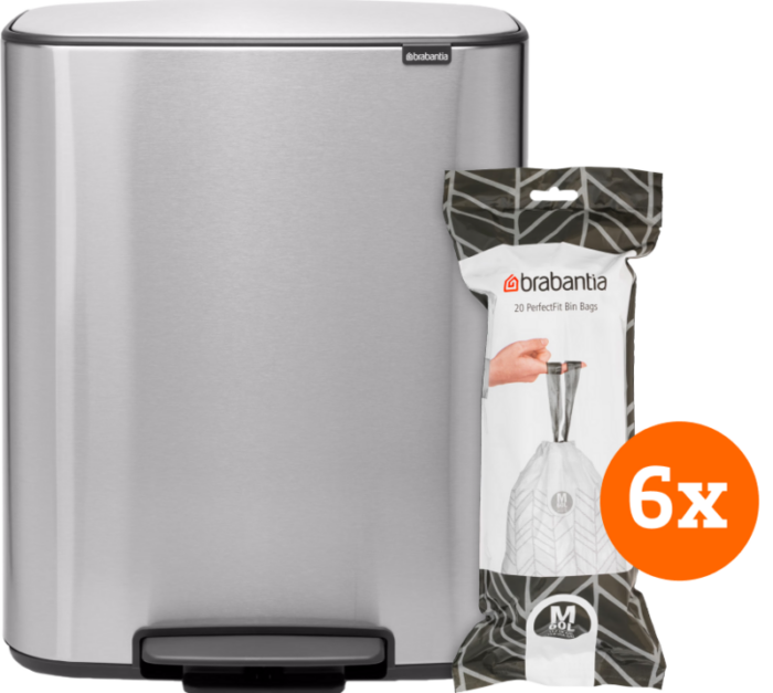Brabantia Bo Pedal Bin 60 Liter Rvs Fingerprint proof + Vuilniszakken (120 stuks)