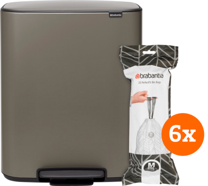 Brabantia Bo Pedal Bin 60 Liter Platinum + Vuilniszakken (120 stuks)