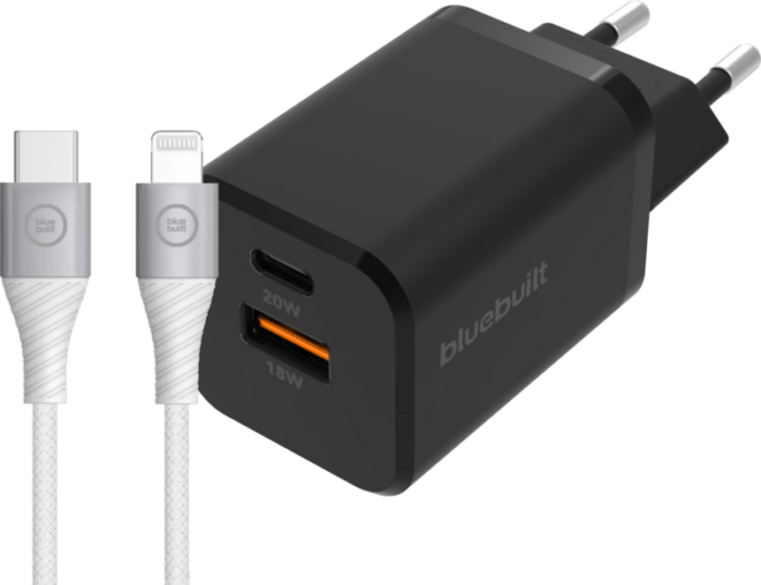 BlueBuilt Snellader met 2 Usb Poorten 38W Zwart + Lightning Kabel 1